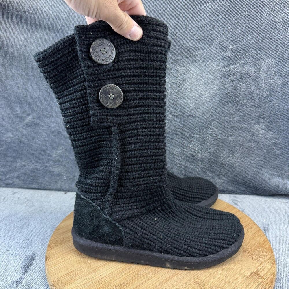 UGG Knit Boots Girls Size 4 Black Tall Button Cozy Casual Winter Sock 5649
